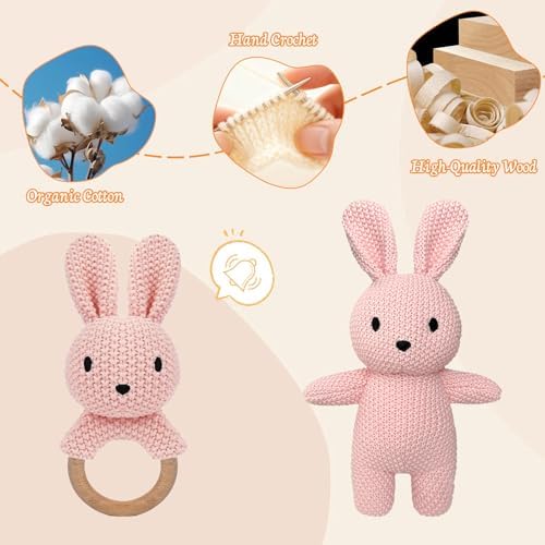 12" Handmade Crochet Rabbit Stuffed Animal, Baby-Safe Cotton Plush with Rattle, Hypoallergenic Toy for Newborns 0-12 Months, Ideal Baby Shower & 1st Birthday Gift - Image 6