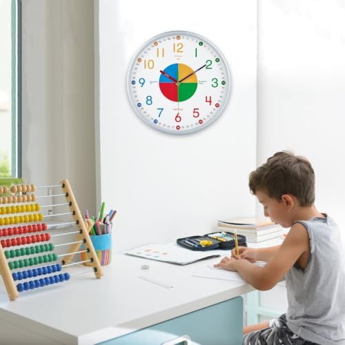 HZDHCLH Kids Wall Clock for Learning to Tell Time, 10 Inch Silent Non Ticking Analog Clock with Four Color Time Disc Battery Operated Educational Clock for Classroom, Bedroom, Homeschool (pale silver) - Image 7