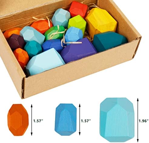 Cllayees 16 Pcs Wooden Stacking Blocks Rocks Building Toys, Colored Solid Wood Stones Pre-School Educational Games Creative Toys for Kids Toddlers - Image 2