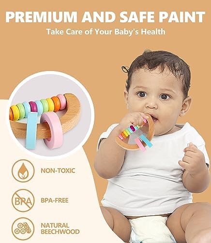 4 PCS Wooden Baby Rattle, Organic Colorful Baby Rattles Set, Wood Rattles for Babies 0-6-12 Months, Wooden Teether Crochet Rattle Toy for Infant Newborn,Montessori Toys for Babies 0-6 Months - Image 2