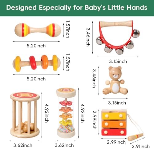 Wooden Baby Rattle Set 7 PCS, Montessori Sensory Musical Toys for Toddlers 0-3, Natural Wood Percussion Shakers & Rattles, Early Learning Gift for Infant Boys Girls - Image 6