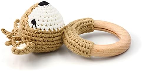 Joliecraft Woodland Friends Baby Rattle Shaker Toy with Wooden Teething Ring in White and Tan Deer - Image 2