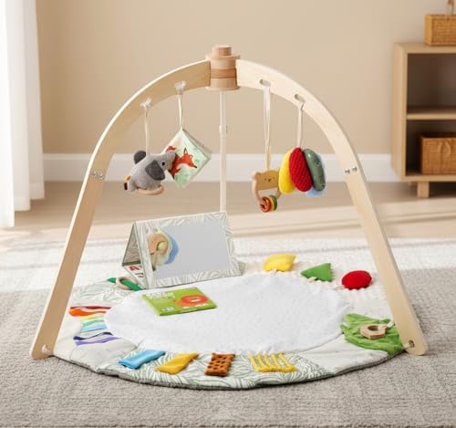 Macabaka Wooden Baby Play Gym & Tummy Time Playmat – Montessori Sensory Activity Mat with 6 Developmental Toys for Fine Motor Skills – for Newborns to Toddlers (0–12M+) - Image 2