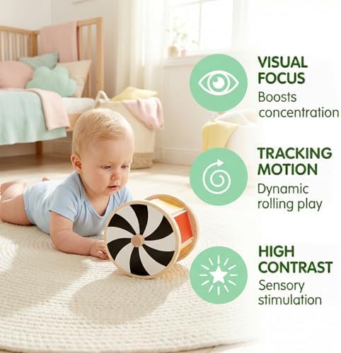 Hape Montessori Rotating Drum with Mirror - Colorful Educational Toy for Sensory Perception - Wooden Motor Skills Toy for Babies from 3 Months - Image 2