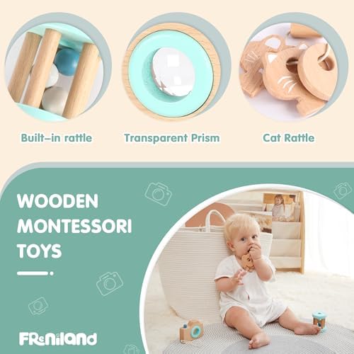 FReniland Wooden Montessori Toys, 3-Piece Wooden Baby Toys, Rotating Drum Toy, Camera Kaleidoscope Toys, Baby Key Rattles,Newborn Baby Gift Sets for Boys and Girls - Image 2