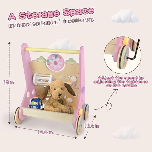 LOL-FUN Wooden Baby Walker for Girl 12 Months Baby Push Walker Pink Toy - Image 2