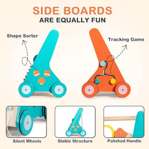LOL-FUN Push Walker for Baby 12 Months Wooden Toy with Wheels-Orange/Blue - Image 6