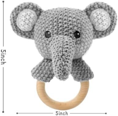 Baby Toys Stuffed Animals Handbell,Elephant Rattle Toy Wooden Rattle Toys for Baby,Knit Stuffed Animal Cute Rattle with Teether Ring Newborn Birthday Gifts(Elephant) - Image 2