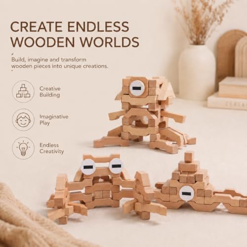Montessori Wooden Building Blocks for Kids 3-8, Extra Large 4.4" Beech Wood Stacking Blocks, 31 PCS Open-Ended Learning Toy, Natural Wooden Shape Blocks for Creative Building, Quiet Play - Image 2