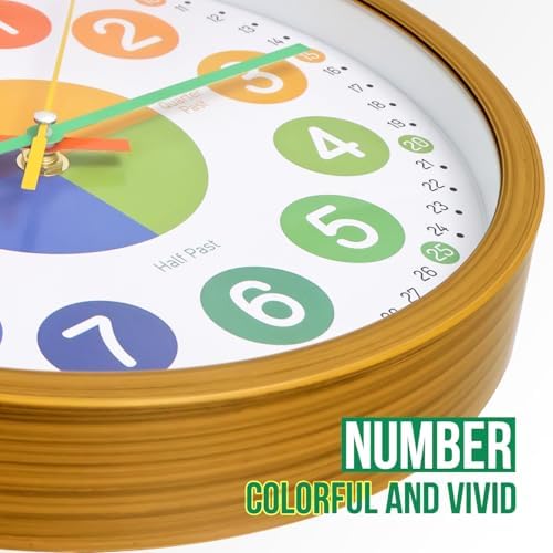 Kids Wall Clock Telling Time Silent Non-Ticking Learning Clock Colorful Teaching Wall Clocks Round Plastic Analog Educational Decor Clock for Classroom, Playroom, Bedroom (EDU1-Wood, 10 inch) - Image 6