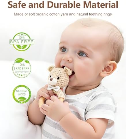 Wooden Baby Rattle, Handmade Crochet Stuffed Animal Organic Rattle Toys, Beige Bear Rattles for Babies 0-6-12 Months with Wood Teething Rings, Baby Announcements Ideas - Image 2