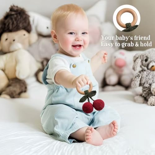 Wooden Baby Rattle Toys Stuffed Crochet Rattle with Teether Ring for Newborn Babies Fruit Wooden Teether Toy Infant Toddler Handcrafted Crochet Rattles Cute Shower Gifts for Boy and Girls - Image 7