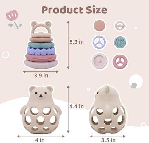 Stacking Rings Baby Toy, 7-Piece Silicone Baby Teething Toy,6M+ Beige Jenga - Image 2