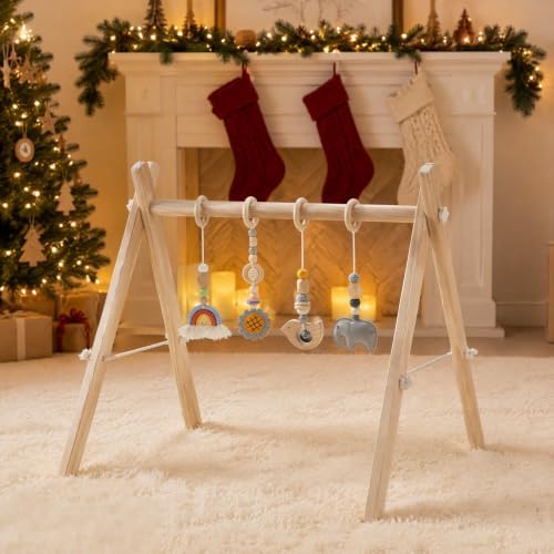 Wooden Baby Gym with 4 Handmade Hanging Toys, Natural Solid Wood Non-Toxic Play Gym for Tummy Time, Foldable Baby Activity Center for 0-12 Months, Baby Shower Gift - Image 2