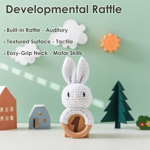Baby Crochet Rattle Toy - Hand-Knitted Animal Bunny Teether with Soft Bell, Montessori Sensory Toy for Infants 0-36 Months, Natural Wood Teething Ring, Ideal Newborn Keepsake Gift - Image 2