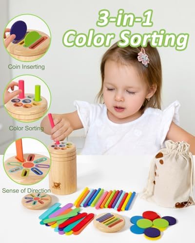 Wooden Sorting Toy for Toddlers 1-3 - Fine Motor Skills Toys,3 in 1Baby Coin Bank & Color Matching Game - Sensory Educational Toy for Boys Girls Travel Activities - Image 2