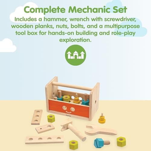 PlanToys Wooden Transforming Robot Tool Box with Wrench, Nuts & Bolts, Wooden Planks, and Shapes| Sustainably Made from Rubberwood and Non-Toxic Paints and Dyes - Image 2