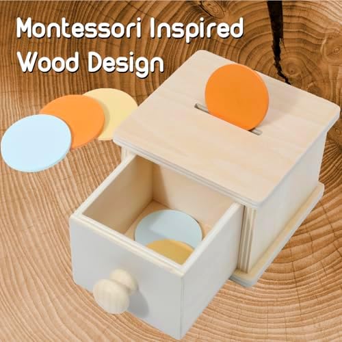 Montessori Coin Box, Montessori Toys for 1 Year Old Toddler Coins, Baby Wooden Toy Ball Infant Drawer Drop, 1+ Baby Essentials Object Permanence Learning - Image 2