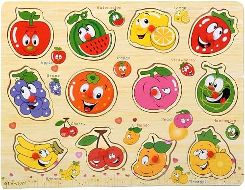 Wooden Fruit Puzzle for Toddlers 3+ Years, Educational Fruit Shape Learning Toy with Board & Blocks, Fun & Engaging Preschool Activity for Boys and Girls by GUGURIK