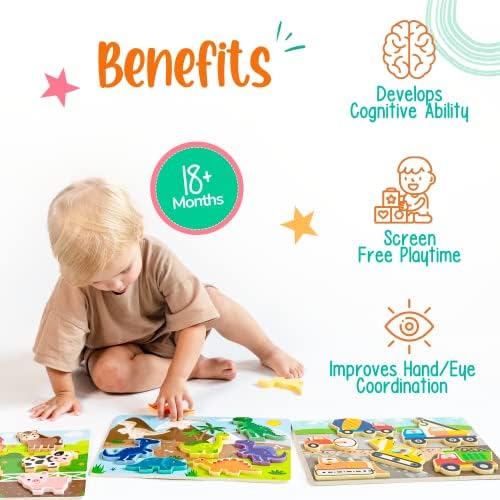 Klevly Large 3 Pk Wooden Toddler Puzzles Ages 2-4 | Wooden Puzzles for Toddlers 1-3 | Montessori Toys for 2 Year Old | Toddler Toys Age 2-4 | Educational | STEM - Image 2
