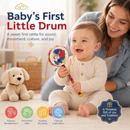 Wooden Baby Drum Toy, Traditional Chinese Spinning Rattle Drum for Newborns Infants, Natural Wood Sensory Toy for Hearing Development (7.5 Inch - Image 2