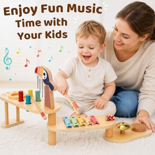 Foldable Musical Instruments Stage , 8-in-1 Montessori Wooden Toys Set Baby Musical Toys with Drum Set Xylophone Wind Chimes Cymbal, Toddlers Activity Table Birthday for Girls Boys - Image 7