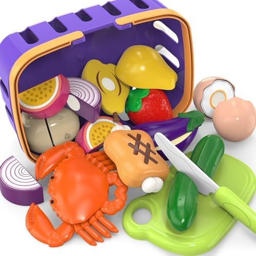 Cutting Play Food Toy with Grocery Basket, Pretend Play Kitchen Accessories - Image 2