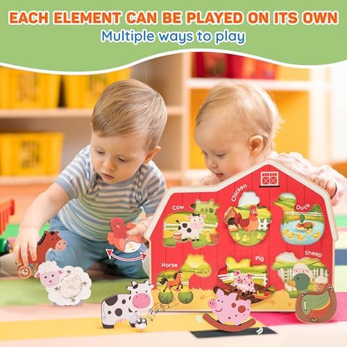 KALOTOYS Wooden Farm Animal Puzzle for Toddlers 1-3 – 6 Piece Montessori Sound & Sensory Puzzle with Textures & Hatching-Egg Chicken – Fine Motor Learning Toy & Autism-Friendly Baby Gift - Image 2