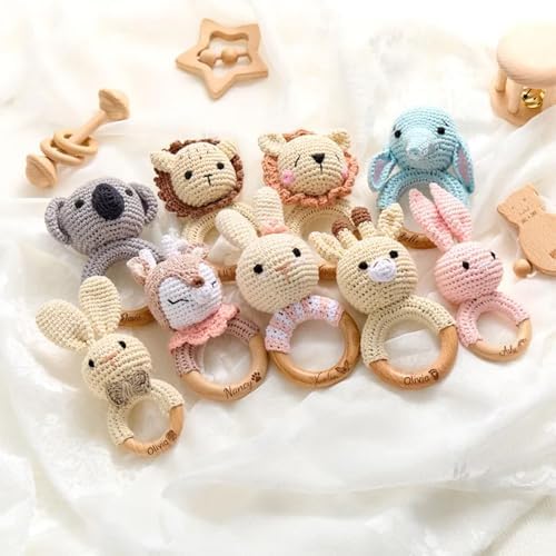 Crochet Animal Baby Rattle, Personalized Wooden Rattle for Newborns, Baby Shower Gift, Birthday Keepsake, Montessori-Inspired Toy, Custom Name Option - Image 2