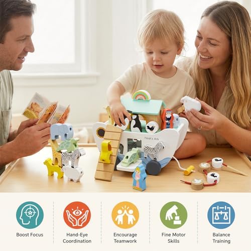 Wooden Noah's Ark Toy for Baby Boy and Girl Gift - Pull Along Toddler Montessori Educational Toy with Animal Shape Sorter Stacker for 18m+ Christmas Birthday Preschool Baptism Gift - Image 2