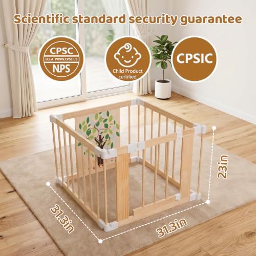 Wooden Baby Playpen with Child Safety Lock, 4-Panel Adjustable Foldable Play Yard for Toddlers, Tree Activity Board Montessori Playpen, Portable Indoor Baby Fence & Activity Center for Infant - Image 2
