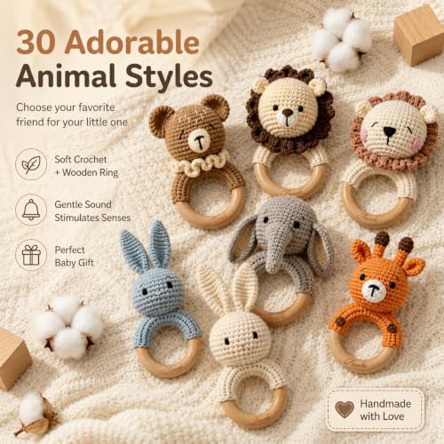 Personalized Crochet Animal Rattle, Custom Engraved Wooden Baby Toy - Image 2
