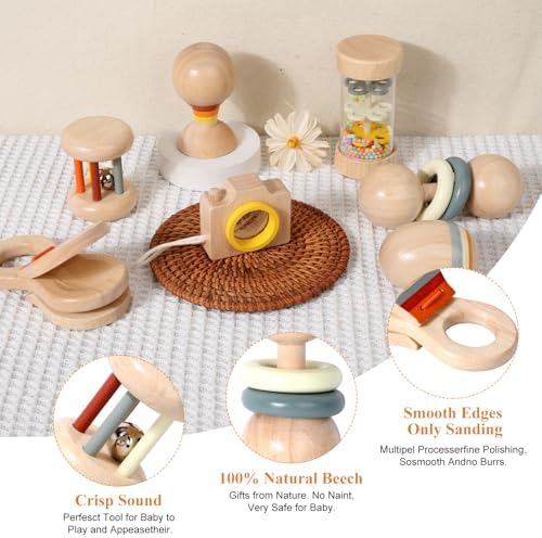 WODI Wooden Baby Toy 7pcs, Montessori Toys for Babies 0-3-6-12 Months, Toddler Hand Wooden Rattles Toy Set for Infant Grasping with Storage Bag, Sensory Development, Gift for Baby Boys Girls - Image 2