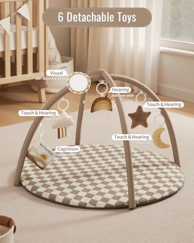 Blissful Diary Baby Play Gym Mat, Play Mat Activity Mat with 6 Detachable Toys for Stage-Based Sensory & Motor Skill Development, Easy to Install & Clean, Baby Essentials Gift, Brown Checkerboard - Image 2