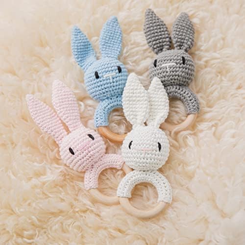 WOODEN TEETHER Crochet Baby Rattle, Crochet Baby Toys, Easter Bunny Rattle, Newborn Animal Rattle Toys,Knitted Stuffed Animals Gifts for Baby, Pink Bunny - Image 2