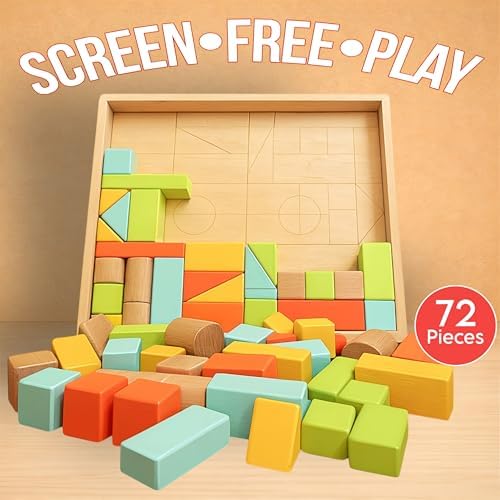 Natural Wood Building Blocks Set, 72 Pastel Color Pieces Castle Construction Blocks with Storage Tray, Educational STEM Learning Toys for Kids, Creative, Screen-Free, Architectural Play System - Image 2