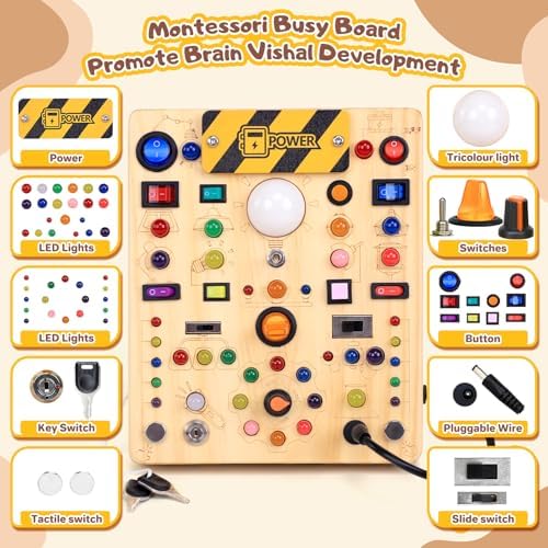 Busy Board with LED Light Switches, Montessori Toys for 1 2 3 Years Old, Toddlers Wooden Toy Sensory Activity Board, Travel Toys for 1+ Year Old Boy & Girl Birthday Gift (19 Switches) - Image 2