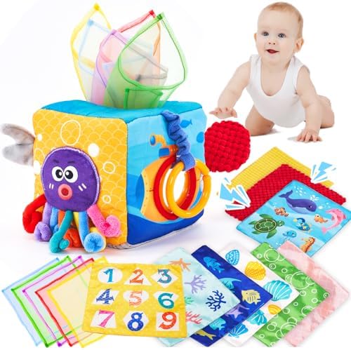 hahaland Baby Tissue Box Toy - Silicone Baby Toys 6-12 Months Montessori Toy for 6 Month Old with Scarves, Crinkle, Textures, Mirror - Image 2
