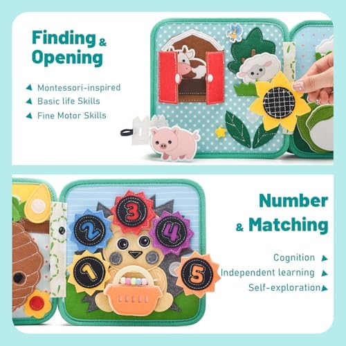 Montessori Busy Book for Toddlers 1-3, Felt Quiet Book & Busy Board for Preschool Learning, Fine Motor Skills & Sensory Play, Educational Travel Toy and Gift for Kids – Farm Animals Theme, Green - Image 2