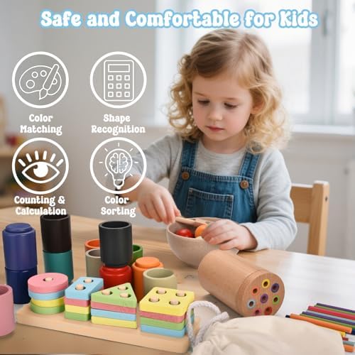 Montessori Toys 3 in 1 Wooden Learning Fine Motor Skills Toys Rainbow Color Sorting Toy for Toddlers - Preschool Color Matching, Educational Color Recognition ShapeSorter Boys Girls Gifts - Image 2