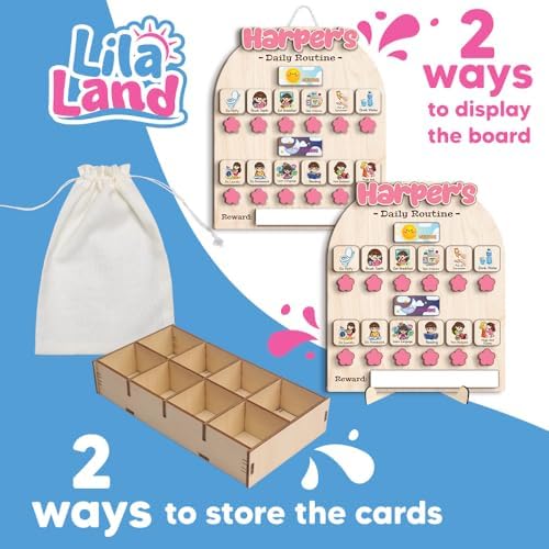 Personalized Wooden Chore Chart for Kids, Daily Routine Chart for Toddlers, Visual Schedule for Kids Age 3-5, Morning Bedtime Routine for Girls (02_1) - Image 7
