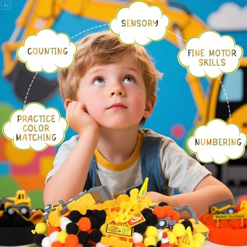 135 Pcs Construction Sensory Bin Items Construction Counting Sorting Sensory Bin Filler Fine Motor 5 Vehicles 14 Road Signs 4 Worker Figures Counts for Easter Day Spring Summer Sorting Counting Decor - Image 7