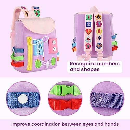 Busy Board - Toddler Backpack with Buckles and Learning Activity Toys - Develop Fine Motor Skills and Basic Life Skills - Learn to Tie Shoes - Children's Travel Toy (Purple) - Image 2