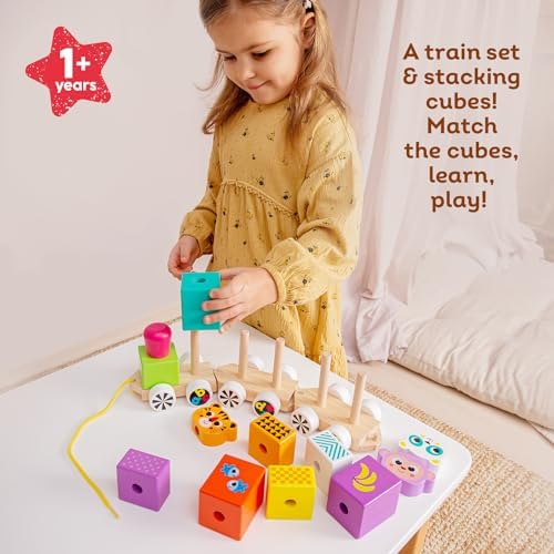 Kids Hits Wooden Train – Happy Friends 15-Piece ABC Animal Stacking Train Toy with Pull-Along Function for Toddlers 1+, Montessori Alphabet & Logic Toy - Image 2