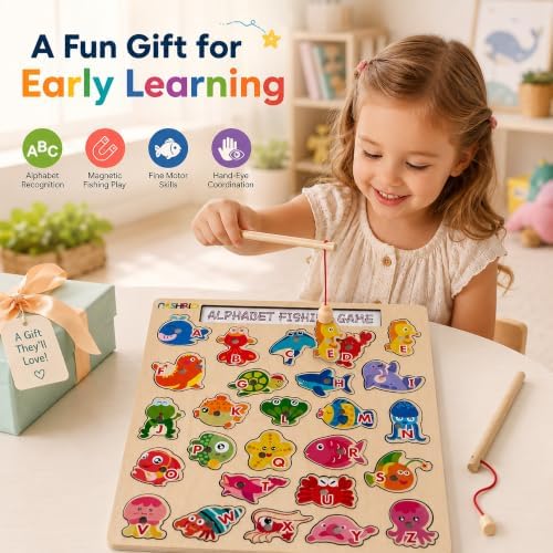 NASHRIO Magnetic Wooden Alphabet Fishing Game for Kids Ages 3-5, ABC Letter Puzzle Board with 26 Sea Animal Pieces, Preschool Learning Fine Motor Toy for Boys Girls 3 4 5 - Image 7