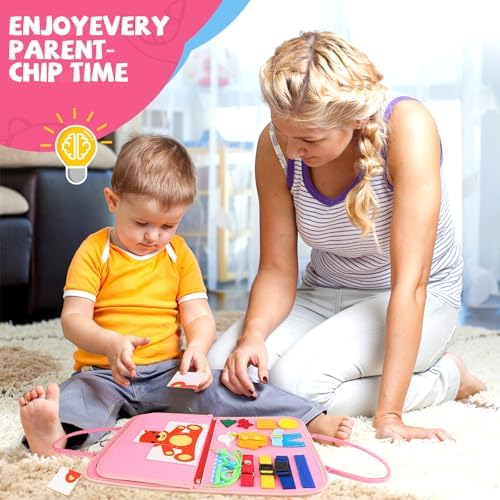 Children Busy Board, Montessori Sensory Toys for Boys, 3-8 Year Old Girl Kids Travel Toys, Educational Learning Activities Board for Motor Skills, Birthday Gifts for Airplane Car, Pink - Image 7