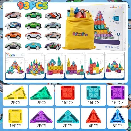 93 PCS Magnetic Tiles Mini Magnetic Building Tiles with Cars, Travel Magnetic Tiles with Storage Bag,STEM Toys for School Acitivities, Ideal Christmas Birthday Gifts for Boys Girls Age 3+ Years Old - Image 7