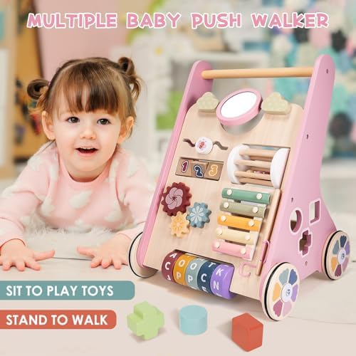 Wooden Baby Walker and Activity Center for Toddler Girl 10-12 Months, Pink - Image 2