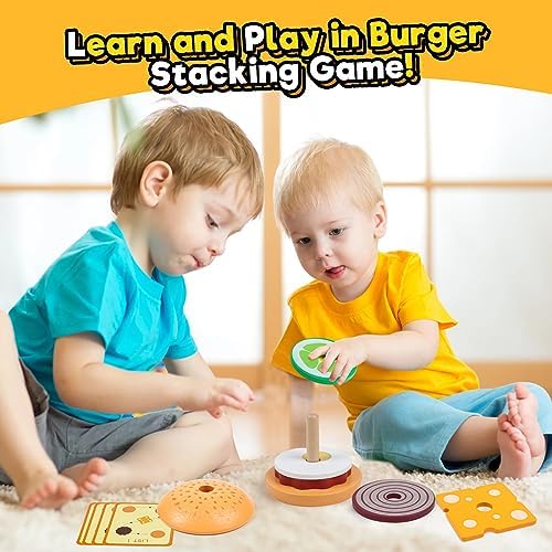 Kizh Wooden Burger Sorting Stacking Toy for Toddlers - Preschool Montessori Educational Fine Motor Toys for Kids Boys Girls - Image 6