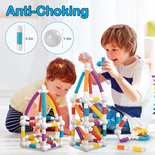 ROUSKY Magnetic Building Blocks Construction Set, 66 Pieces, Educational STEM Toy with Flexible Tubes and Connectors (66PCS) - Image 7